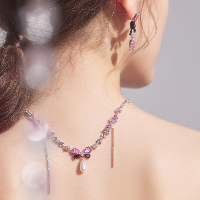 Blush Pearl Ribbon Necklace — product and styling view 2