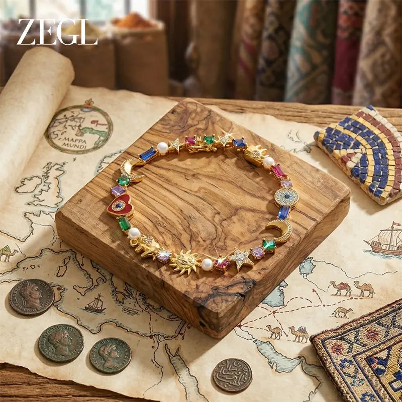 ZEGL 18K Gold Symbol Charm Bracelet — product and styling view 1