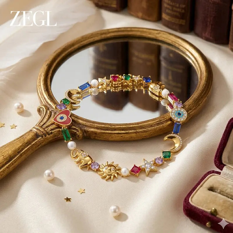 ZEGL 18K Gold Symbol Charm Bracelet — product and styling view 3