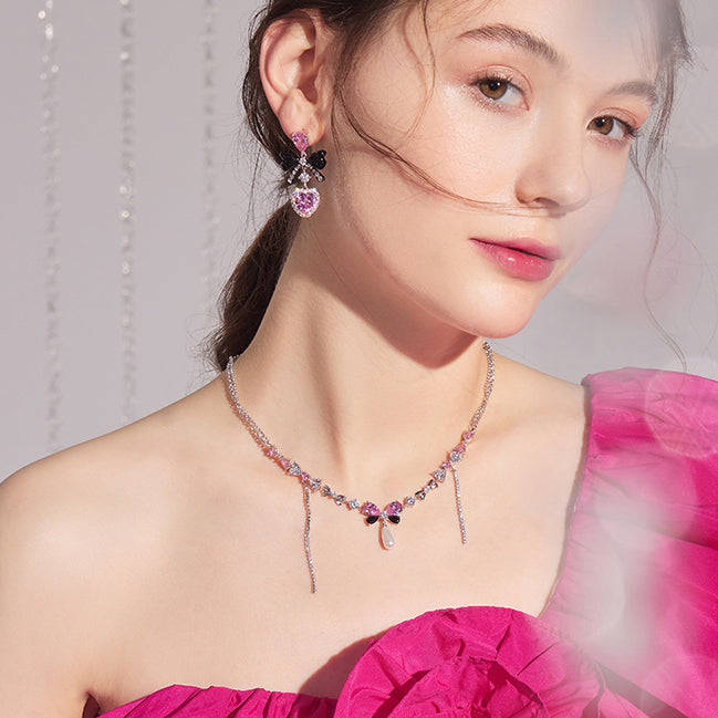 Blush Pearl Ribbon Necklace — product and styling view 3