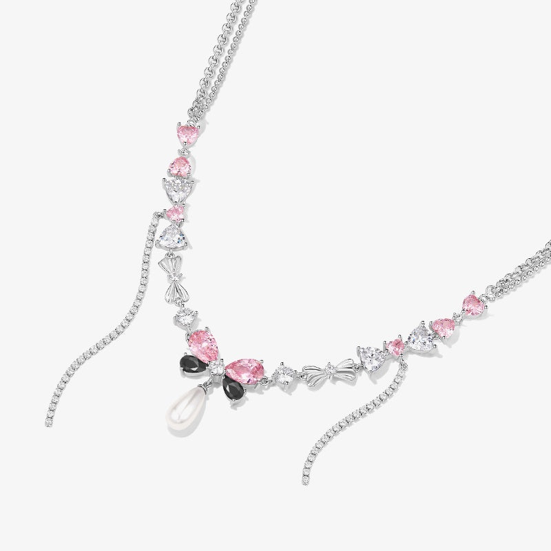Blush Pearl Ribbon Necklace — product and styling view 1